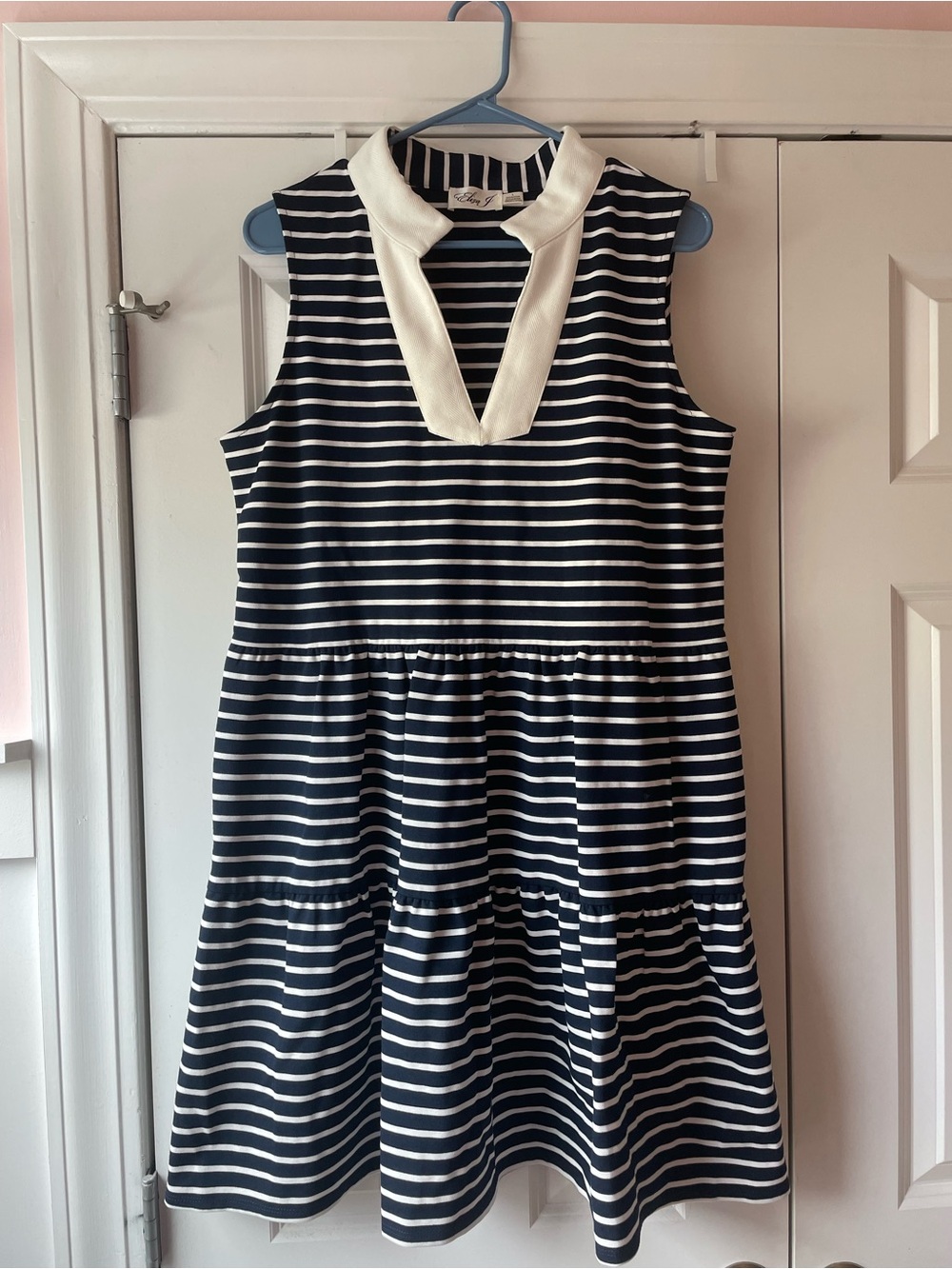 Navy & White Striped Sleeveless Dress with Contrast Collar